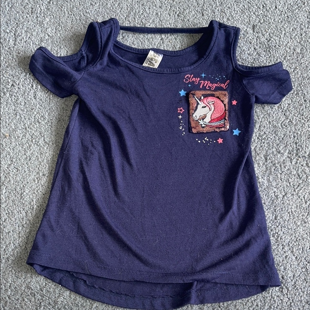 Beautees Blue Unicorn Short Sleeve Tee with Cold Shoulder Design